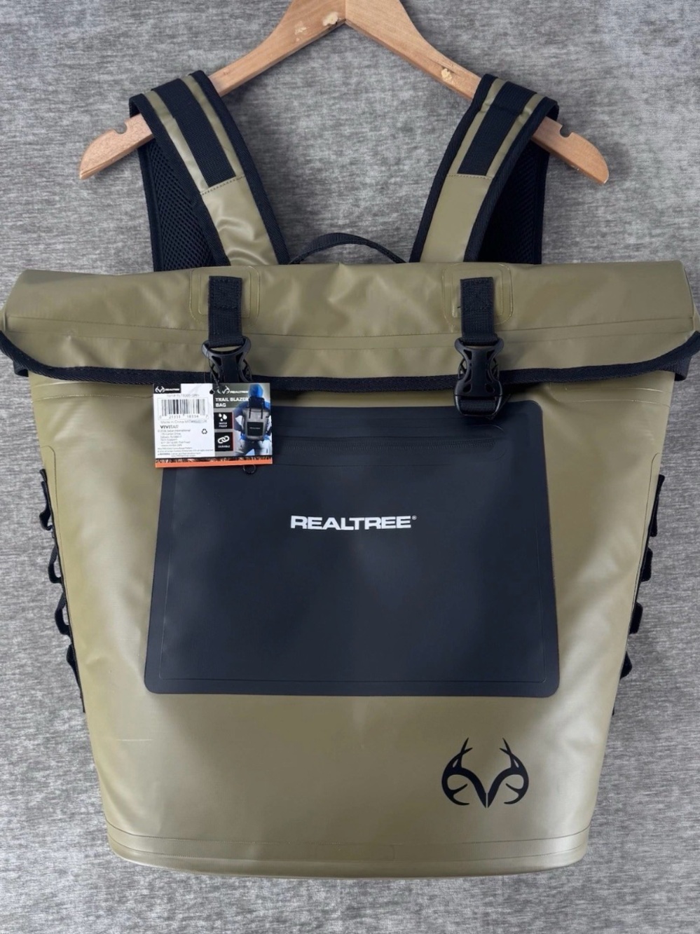 Realtree Olive and Black Roll-Top Backpack Cooler with Front Panel